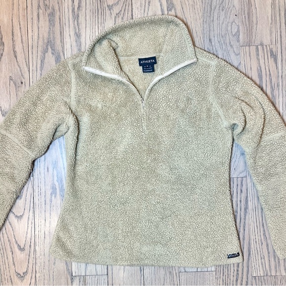 Athleta Women’s Camel Sherpa 1/4 Zip Pullover Fuzzy Warm Sweater Size Medium - Picture 2 of 15